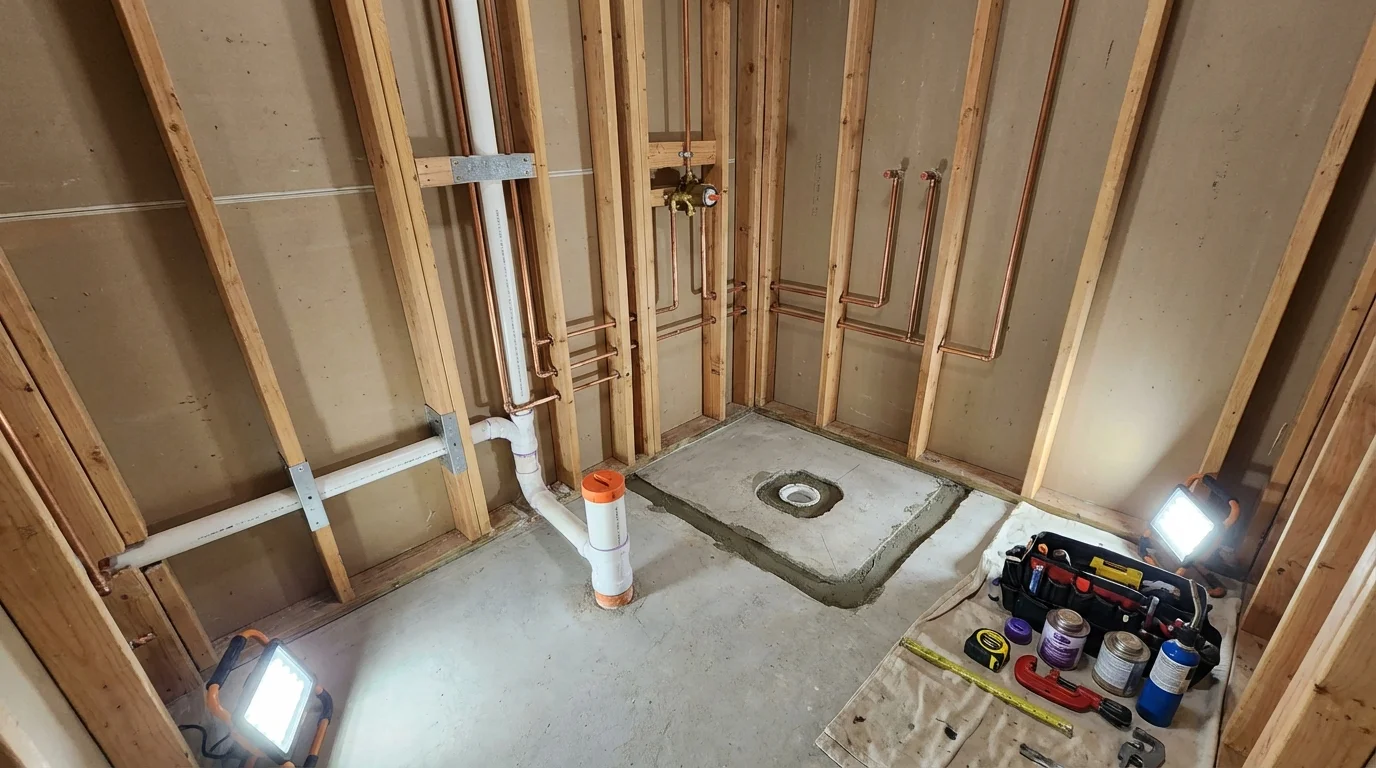 Bathroom rough-in plumbing during remodel by Johns Plumbing LLC in Youngstown